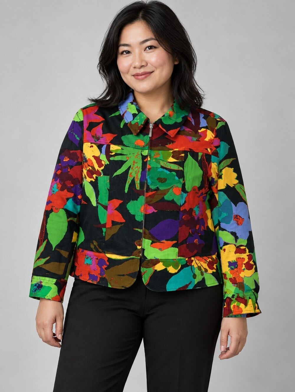 Erin London Floral Cotton Zip Front Jacket Multicolor L